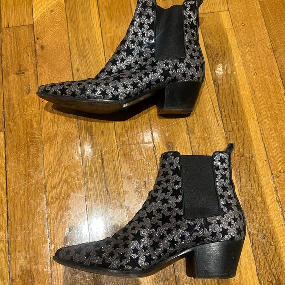 Saint Laurent Women Black Silver Glitter Suede Stars Ankle Cowboy Boot - Picture 8 of 11